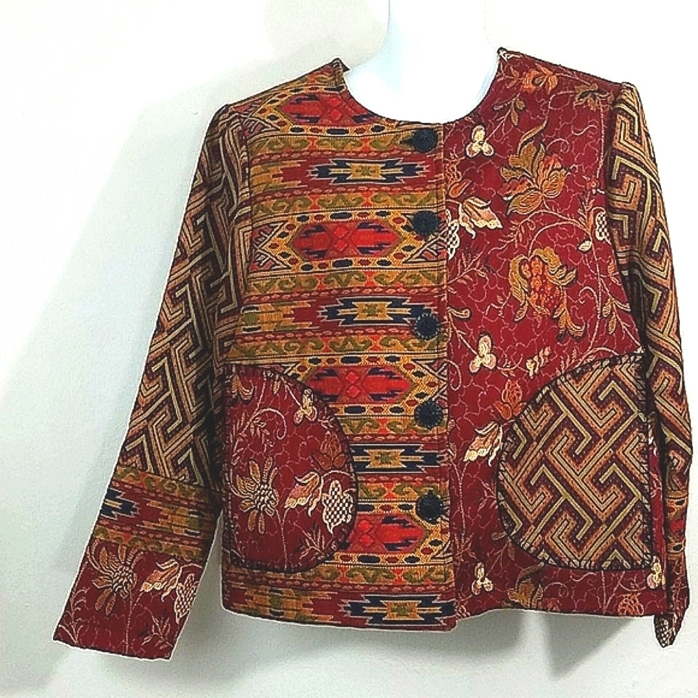 Coldwater Creek Patchwork Tapestry Blazer Red Gold Tribal Western Jacket MP